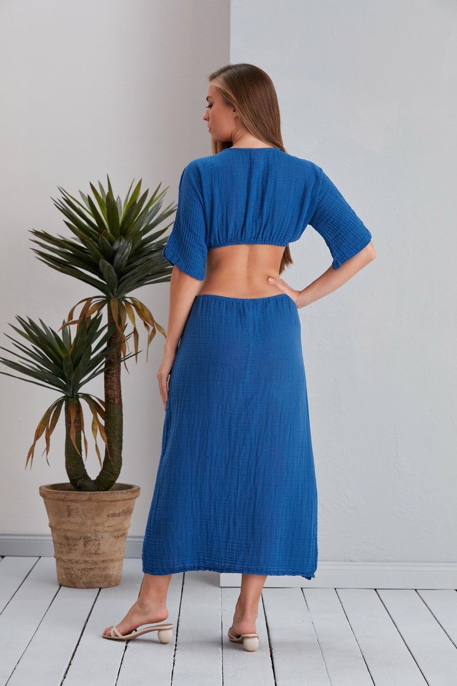 Begonville Bardot Crop Top ve Etek Takımı - Saks Mavi