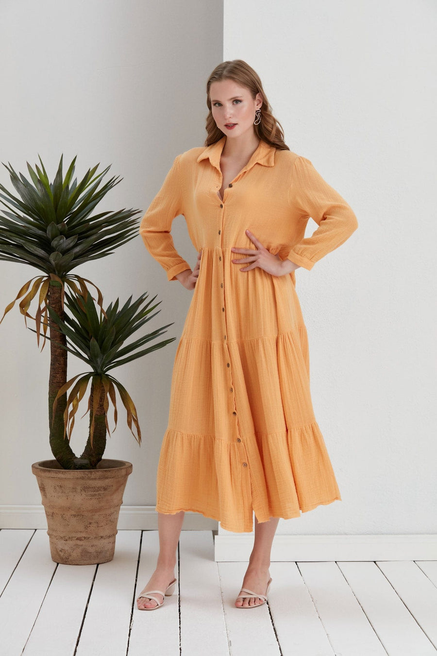 Begonville Uzun Elbise Maya Oversize Uzun Gömlek Elbise - Kayısı Sarısı