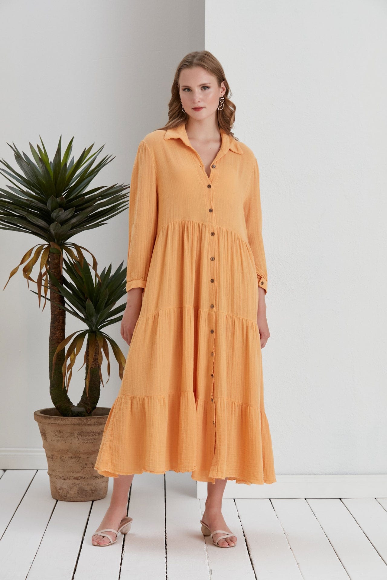Begonville Uzun Elbise Maya Oversize Uzun Gömlek Elbise - Kayısı Sarısı