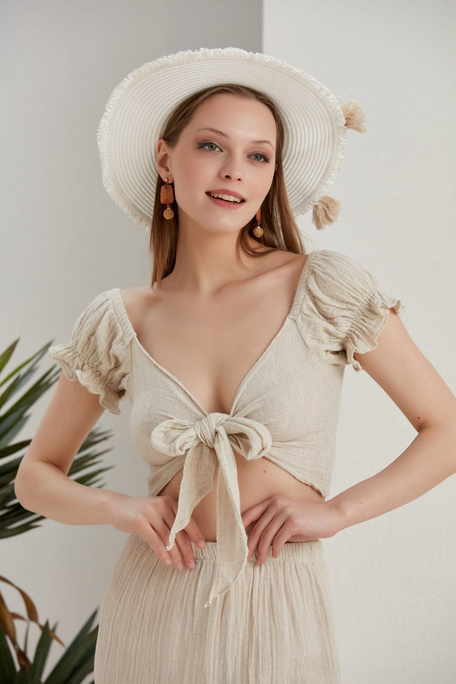 Begonville Bluz Mara Müslin Ketenli Crop-Top - Ekru