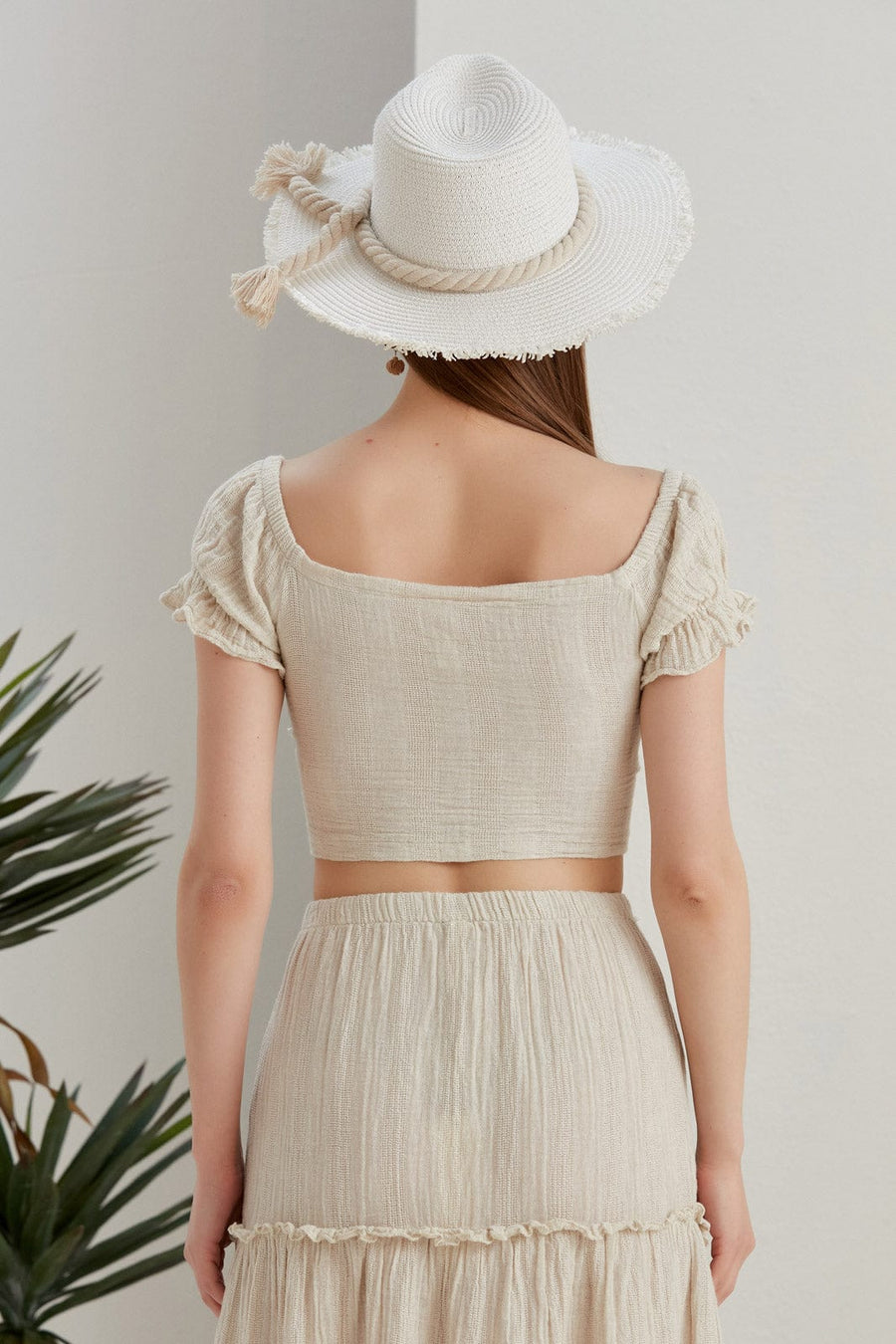 Begonville Bluz Mara Müslin Ketenli Crop-Top - Ekru