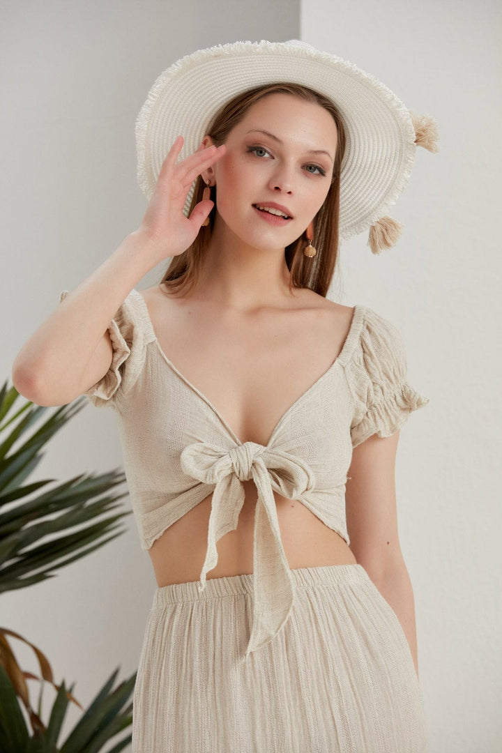 Begonville Bluz Mara Müslin Ketenli Crop-Top - Ekru