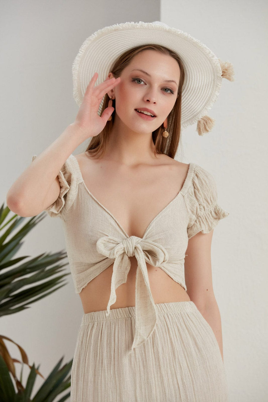 Begonville Bluz Mara Müslin Ketenli Crop-Top - Ekru