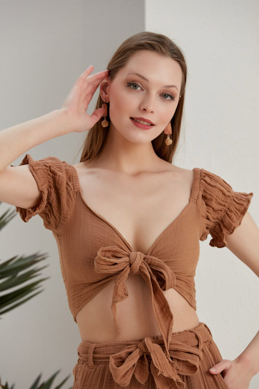Begonville Bluz Mara Müslin Pamuk Crop-Top - Tarçın