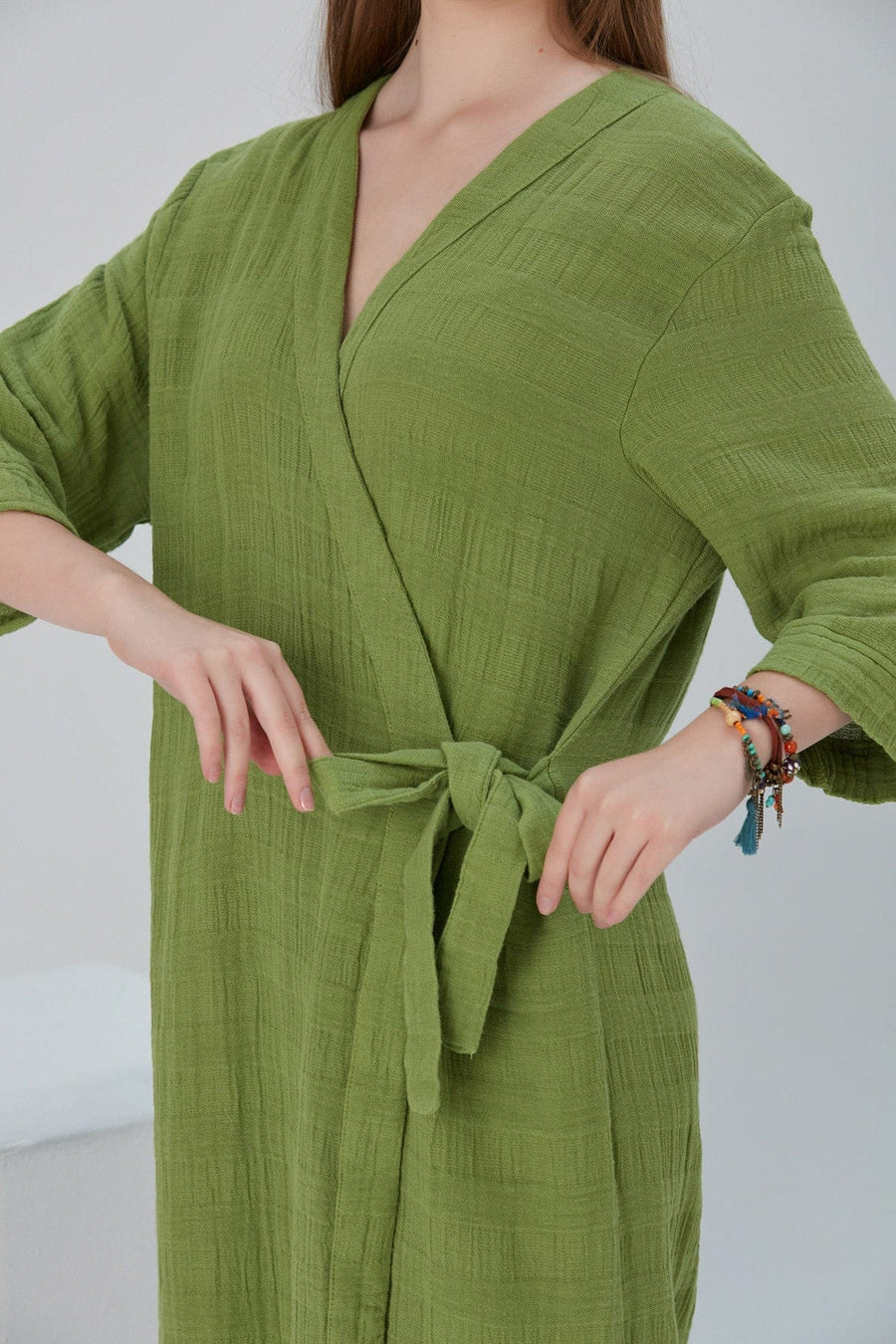 Begonville Bornoz Cara Yandan Bağlamalı Pamuk Bornoz Kimono - Yeşil