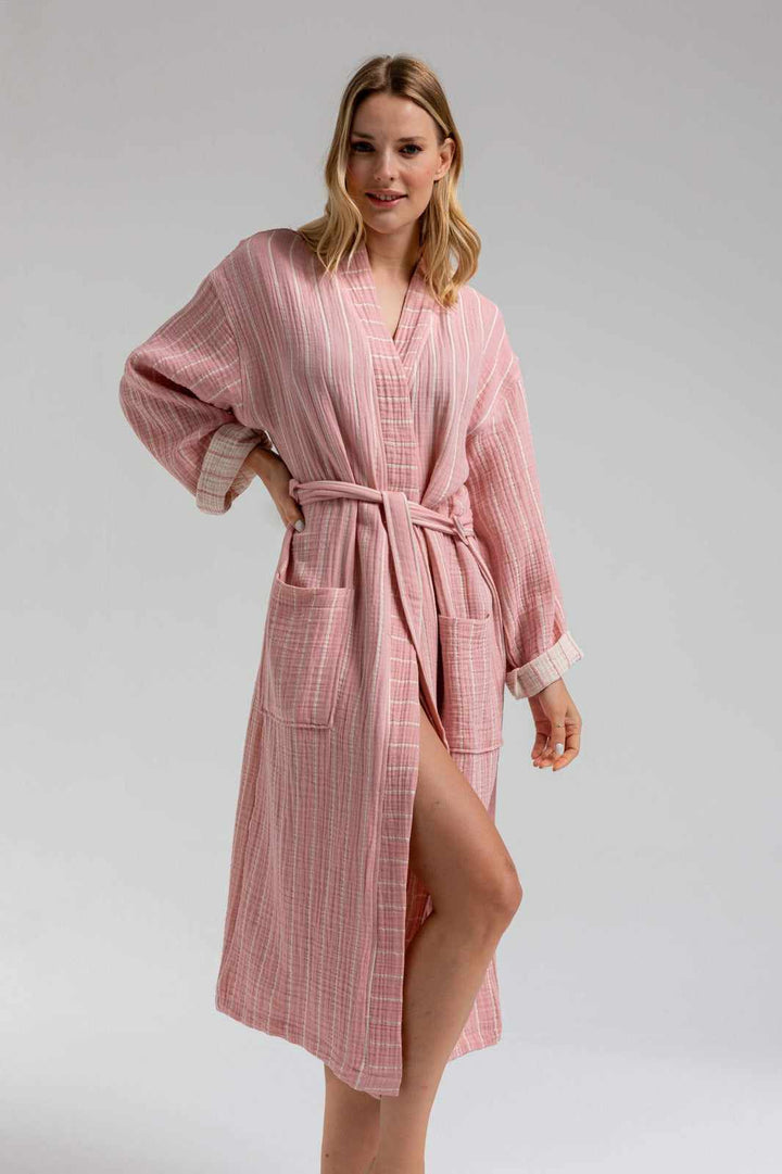 Begonville Bornoz EOS Neue Muslin Bornoz Çizgili Pembe
