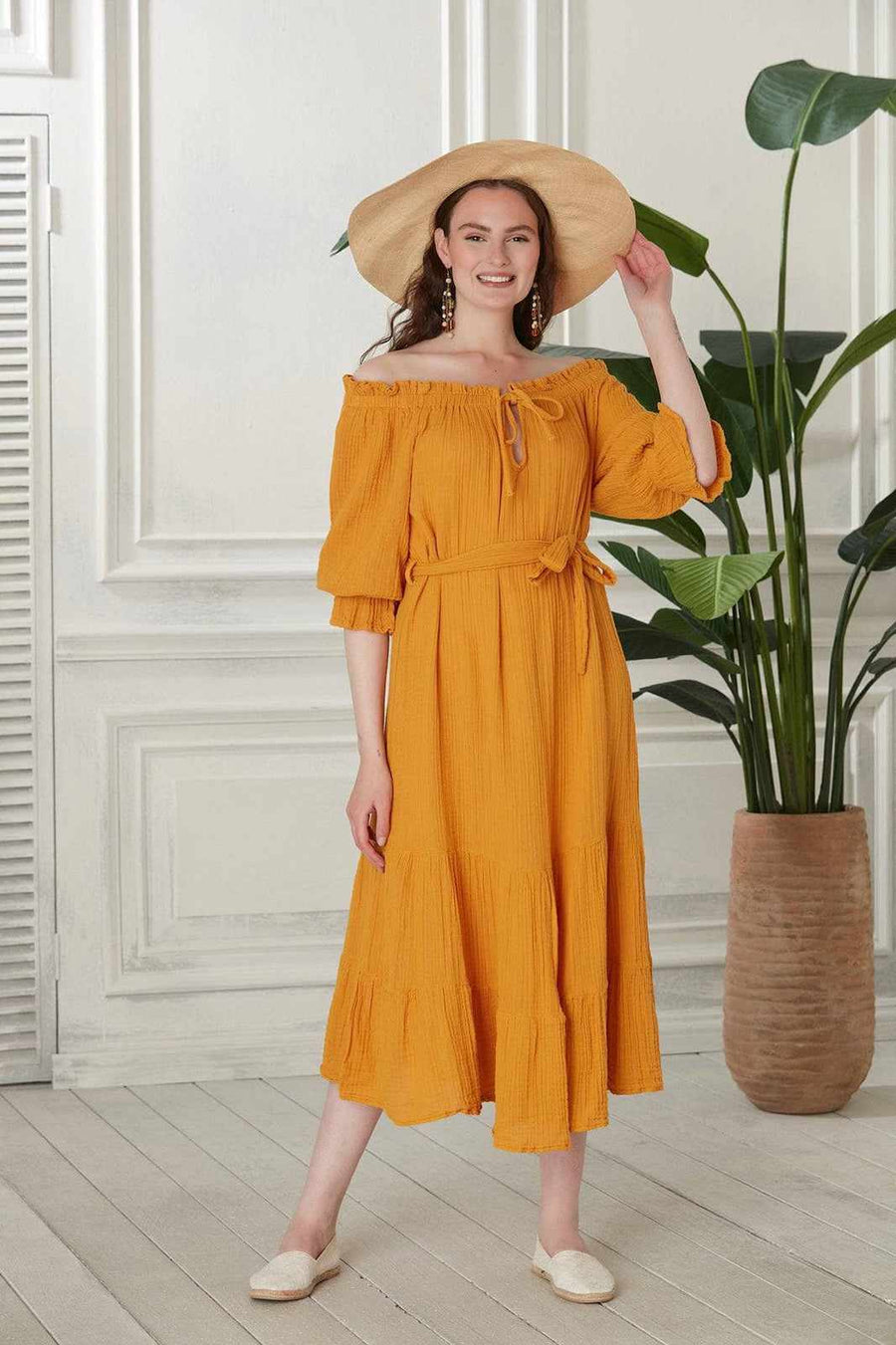 Begonville Dresses S / Sarı Chica Müslin Pamuk Kuşaklı Midi Elbise