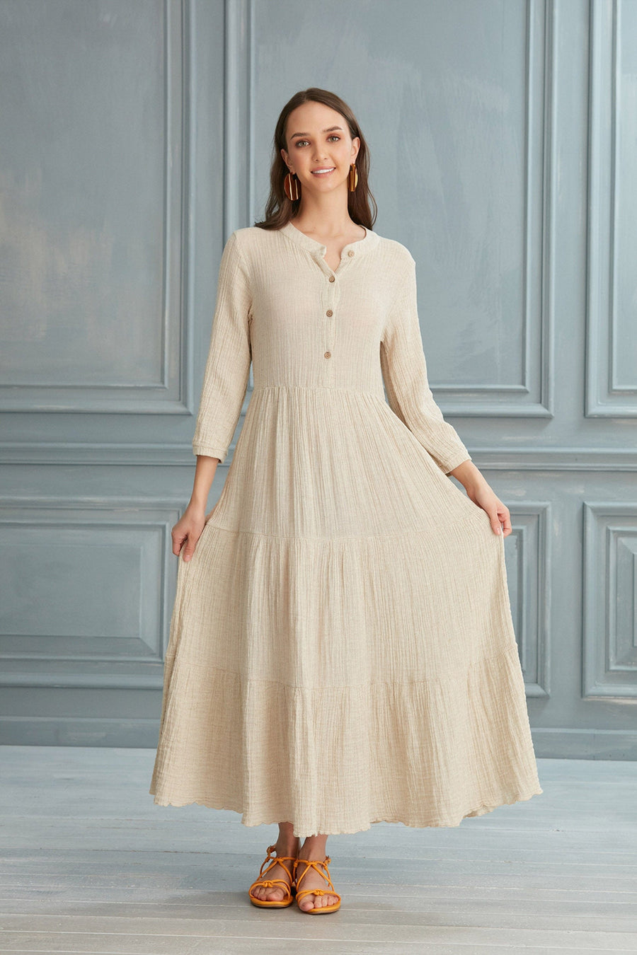 Begonville Dresses Elodie Uzun Elbise - Keten Ekru