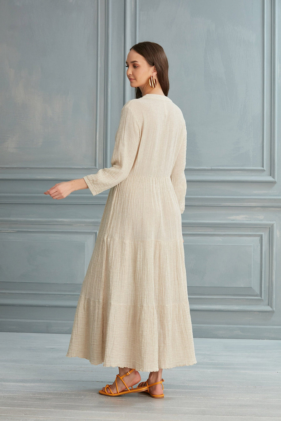 Begonville Dresses Elodie Uzun Elbise - Keten Ekru