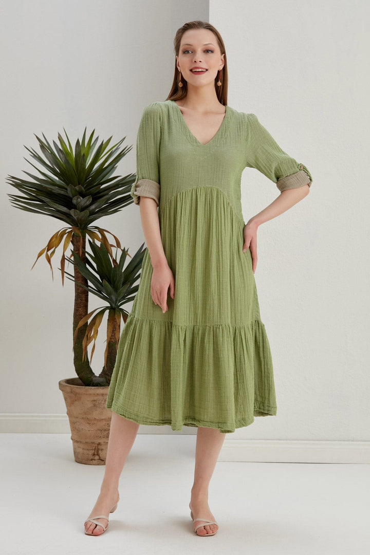 Begonville Elbise Lena İki Renkli Müslin Midi Elbise - Haki Yeşili