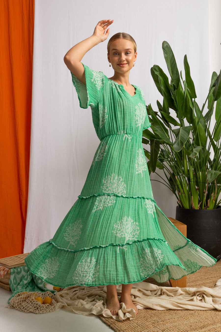Begonville Elbise Marika Müslin Kat Kat Uzun Elbise - Yeşil