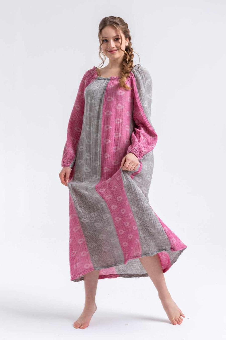 Begonville Elbise Mayde Oversize Uzun Elbise - Gri / Fuşya