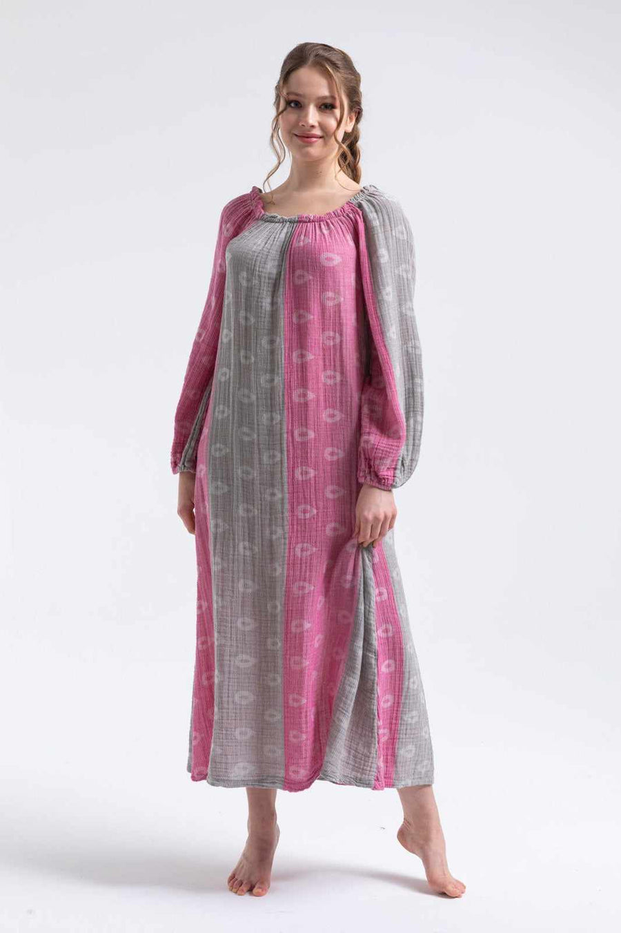 Begonville Elbise Mayde Oversize Uzun Elbise - Gri / Fuşya