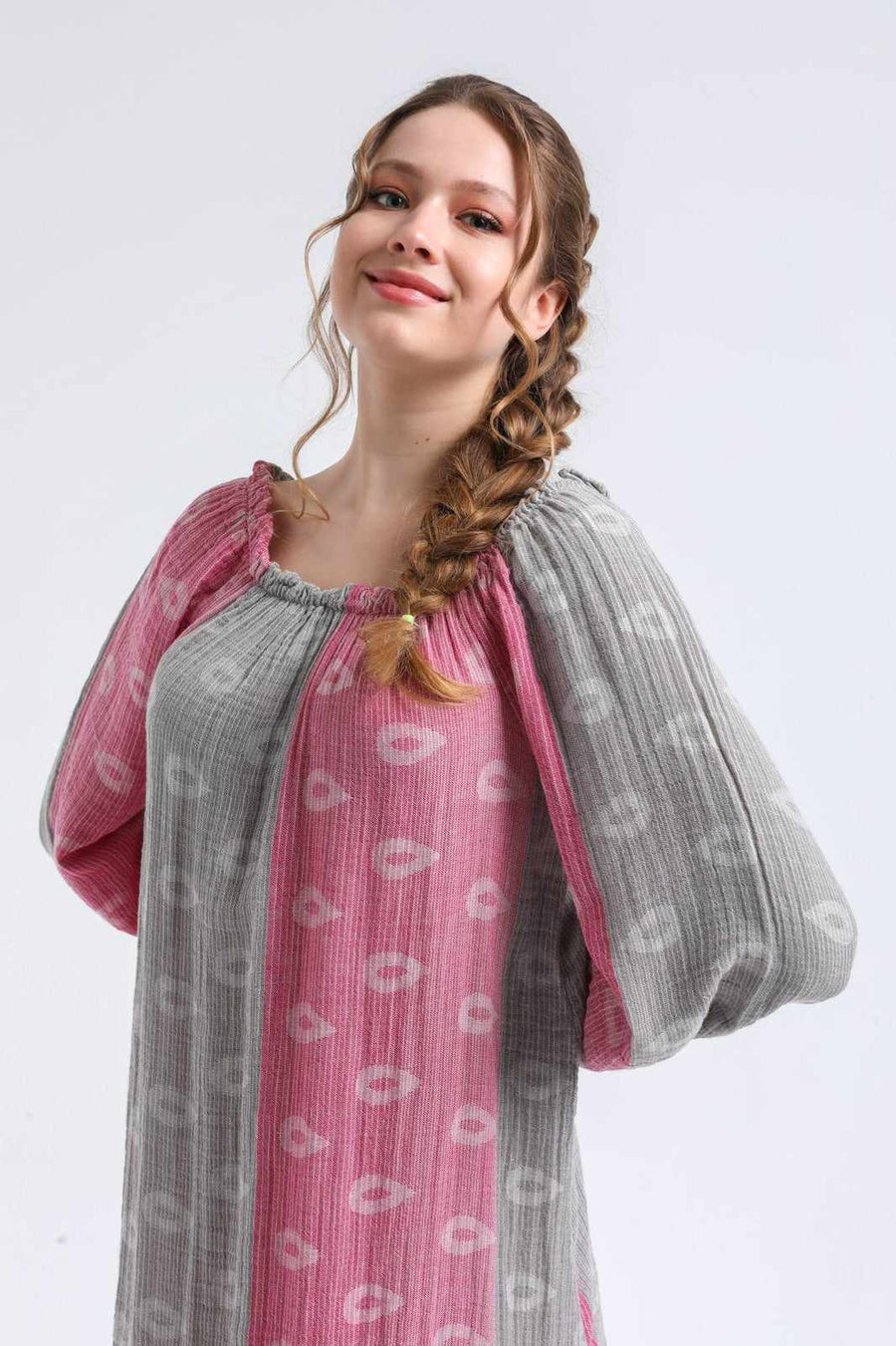 Begonville Elbise Mayde Oversize Uzun Elbise - Gri / Fuşya