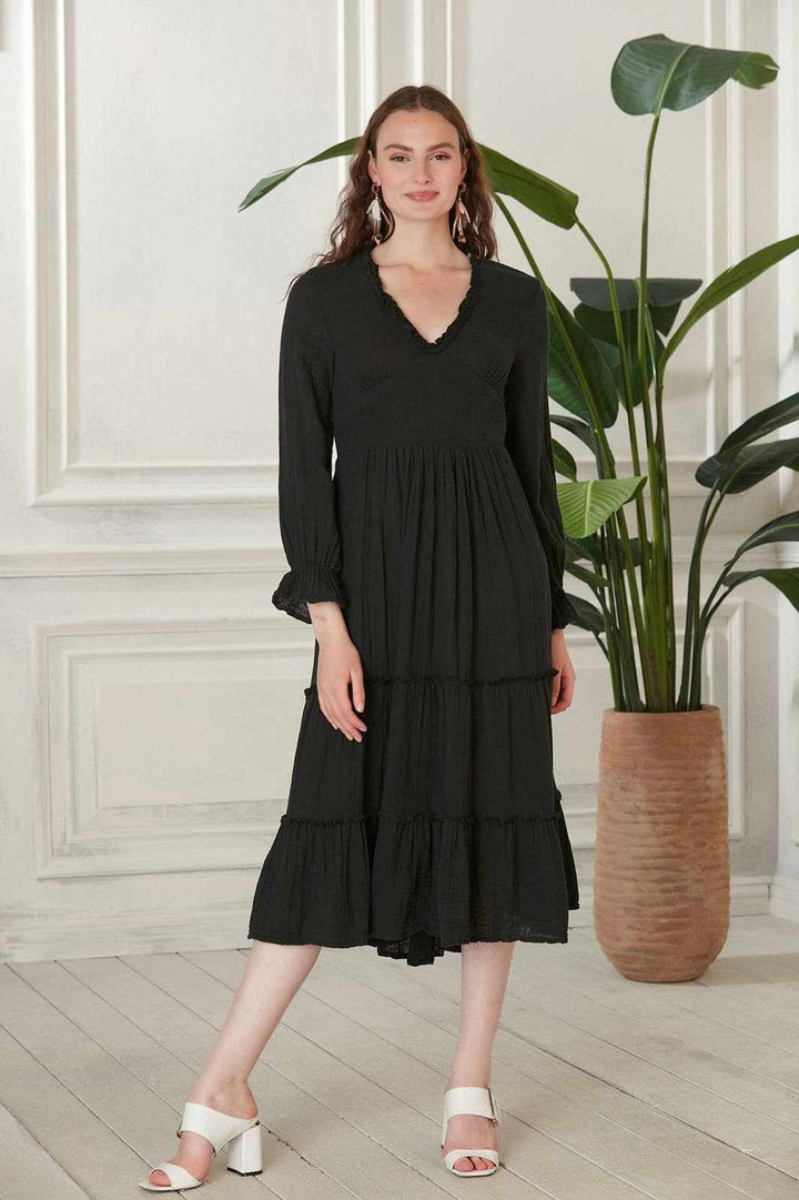 Begonville Elbise Renna Sırtı Açık Pamuk Midi Elbise - Siyah