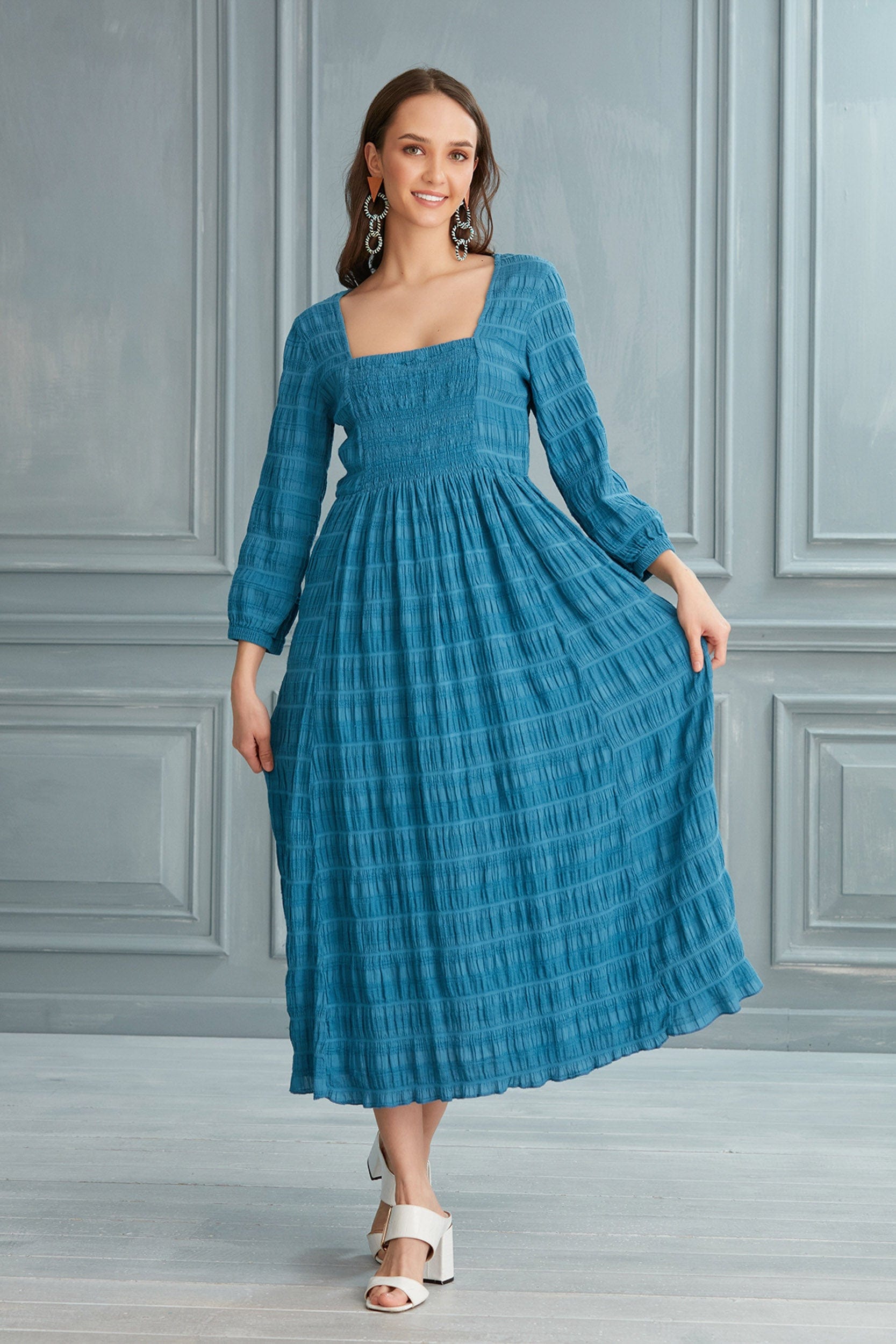 Begonville Elbise Suki Kare Yakalı Midi Elbise - Mavi