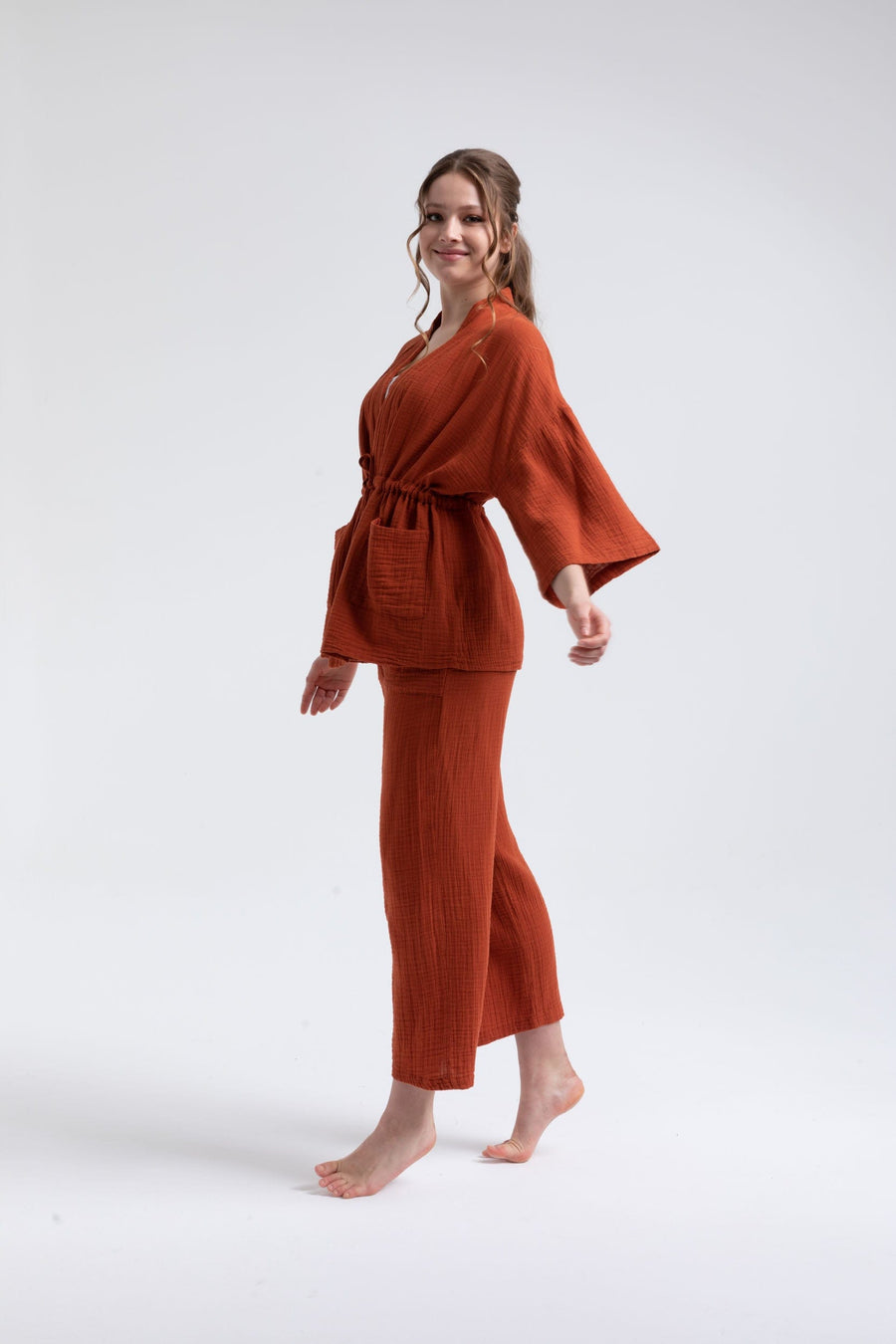 Begonville Loungewear Sohlo Müslin Alt-Üst Takım - Kiremit