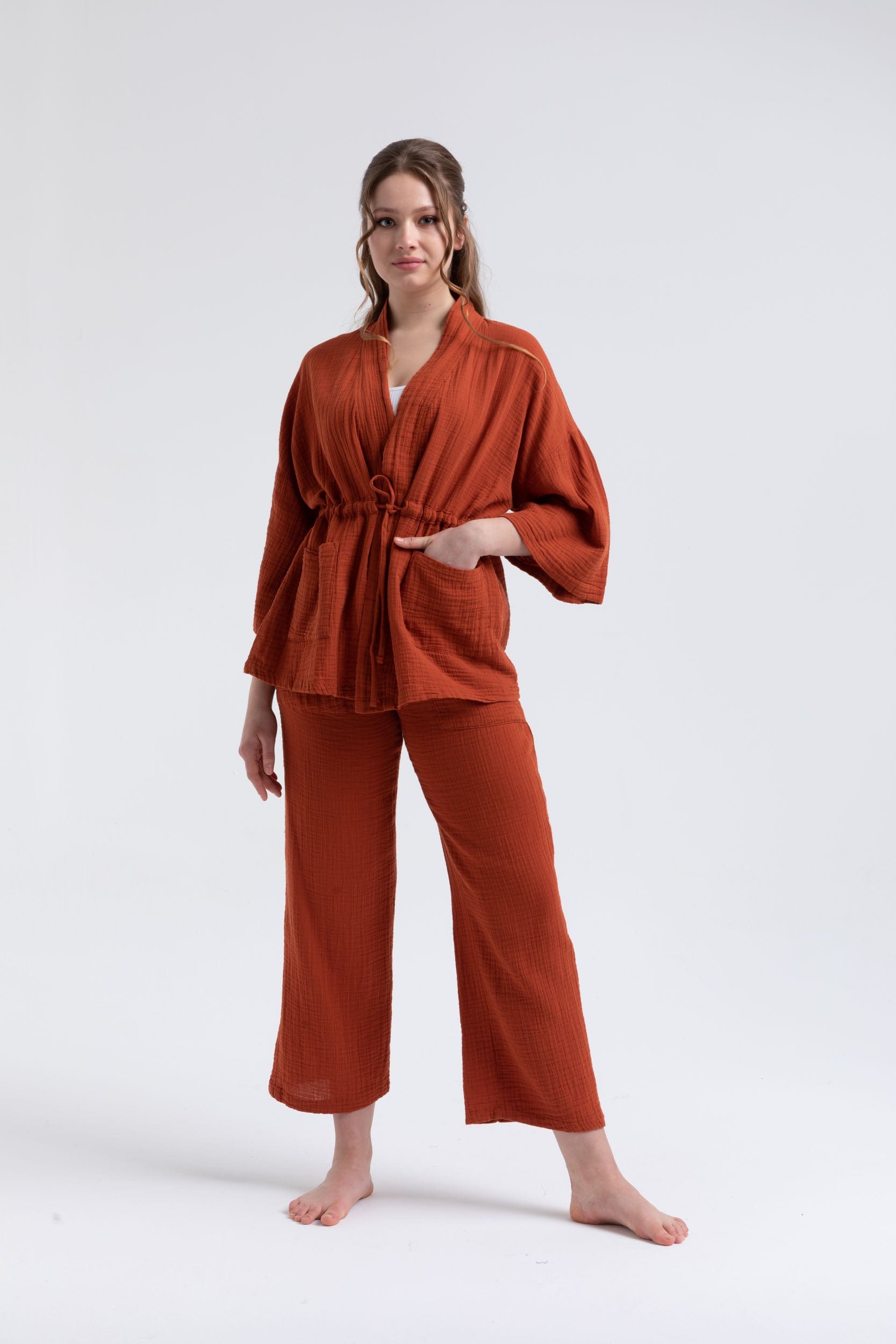 Begonville Loungewear Sohlo Müslin Alt-Üst Takım - Kiremit