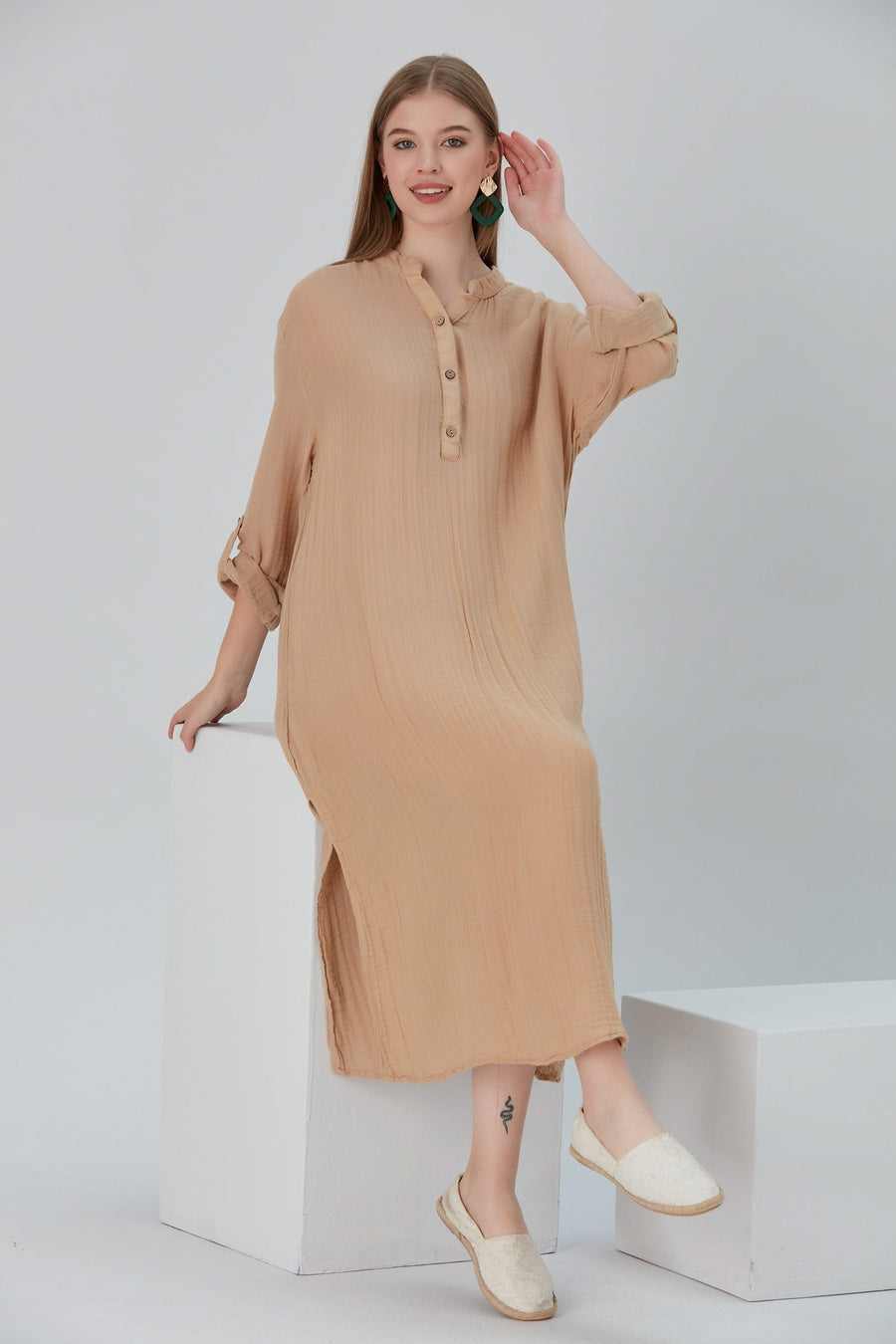 Begonville Maxi Elbise Essentials Düğmeli Rahat Kesim Uzun Elbise - Bej