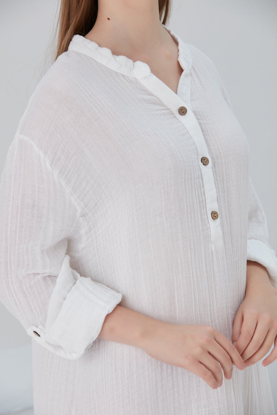 Begonville Maxi Elbise Essentials Düğmeli Rahat Kesim Uzun Elbise - Beyaz