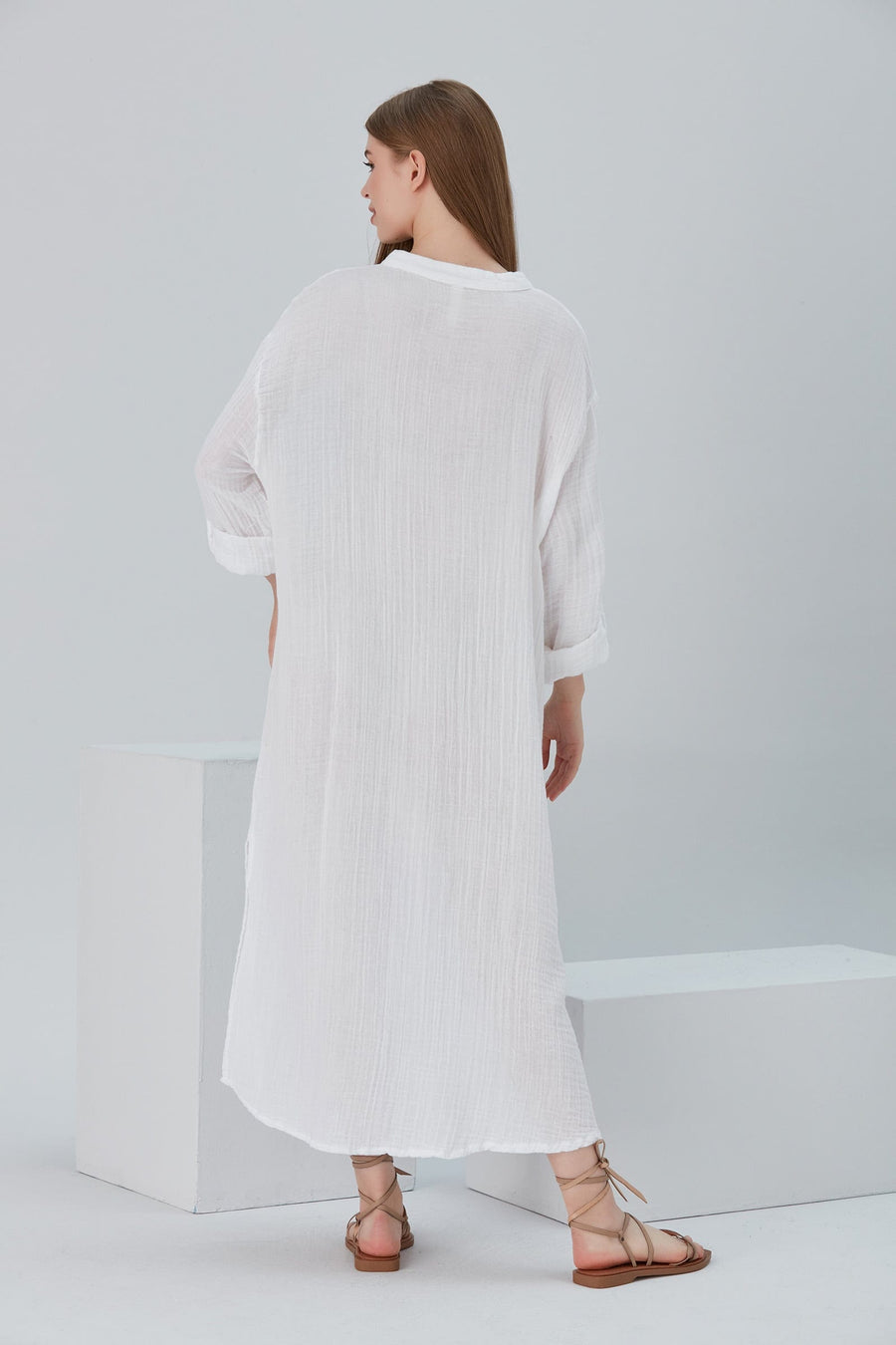 Begonville Maxi Elbise Essentials Düğmeli Rahat Kesim Uzun Elbise - Beyaz