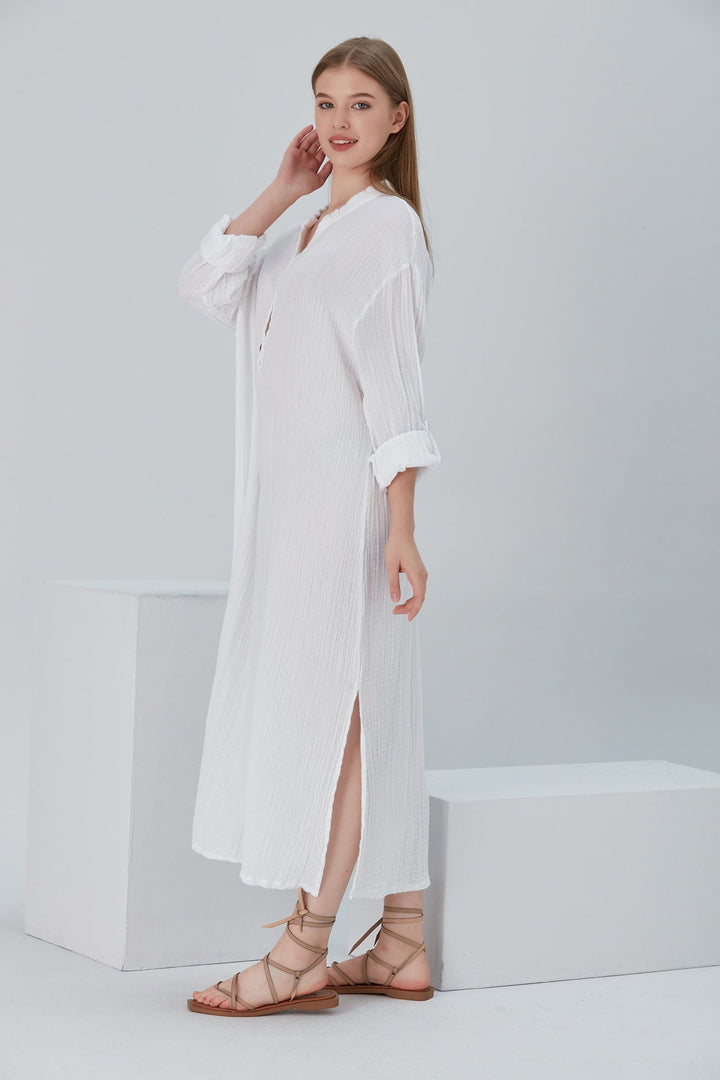 Begonville Maxi Elbise Essentials Düğmeli Rahat Kesim Uzun Elbise - Beyaz