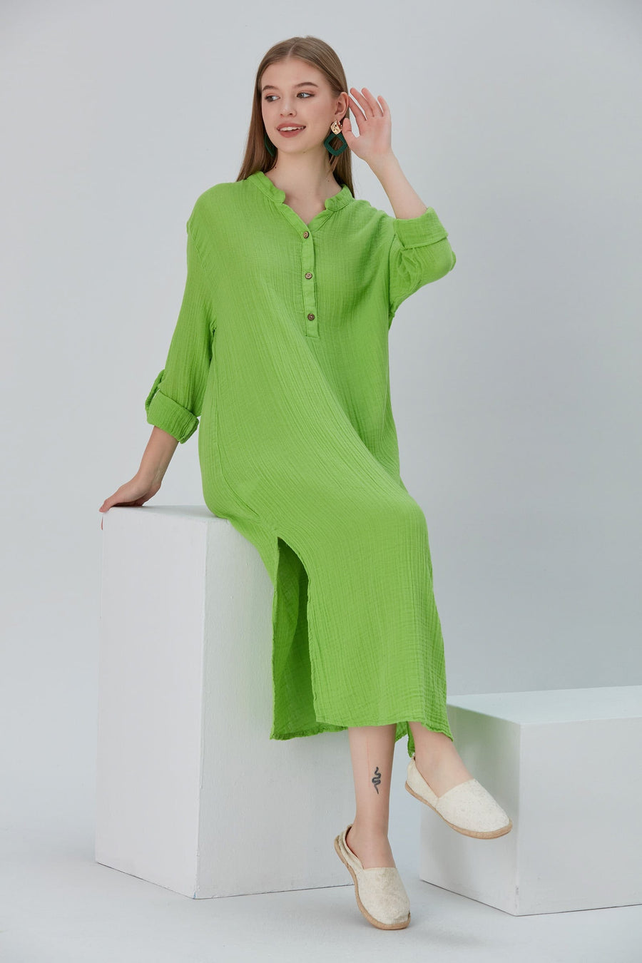 Begonville Maxi Elbise Essentials Düğmeli Rahat Kesim Uzun Elbise - Fıstık Yeşili