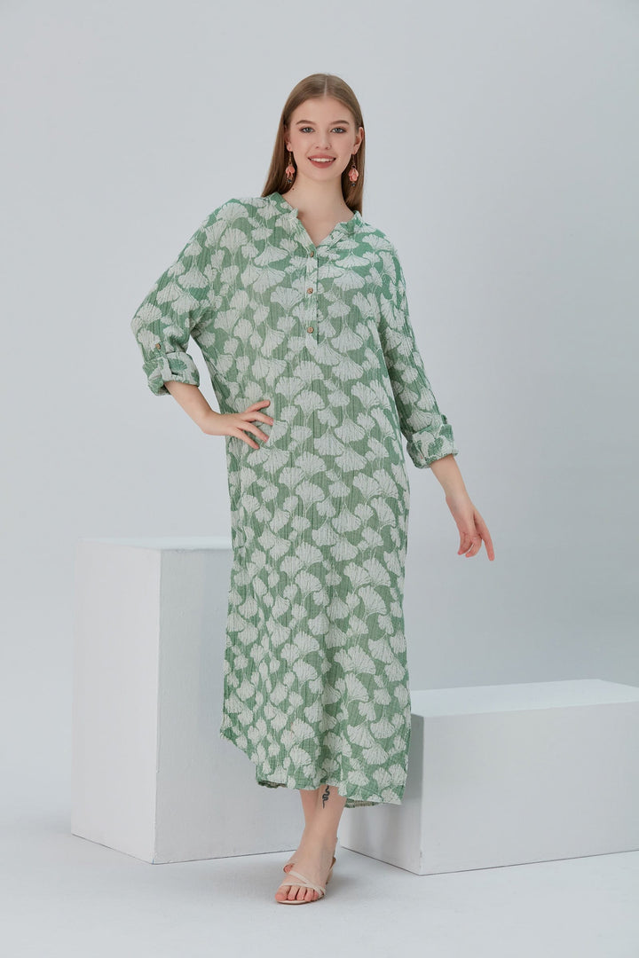 Begonville Maxi Elbise Essentials Düğmeli Rahat Kesim Uzun Elbise - Koyu Yeşil
