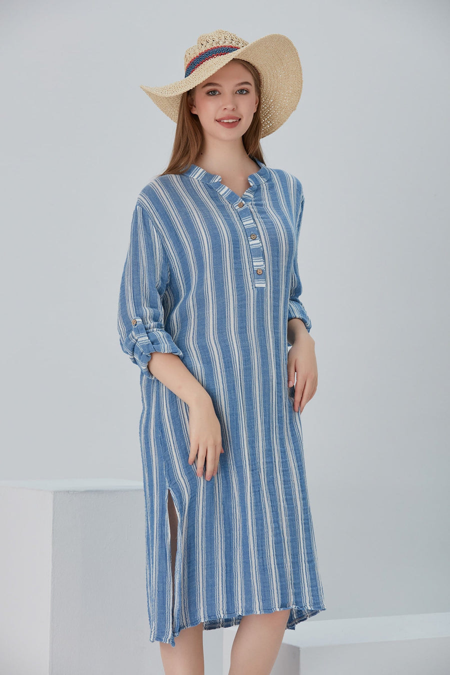 Begonville Maxi Elbise Essentials Düğmeli Rahat Kesim Uzun Elbise - Mavi Çizgili
