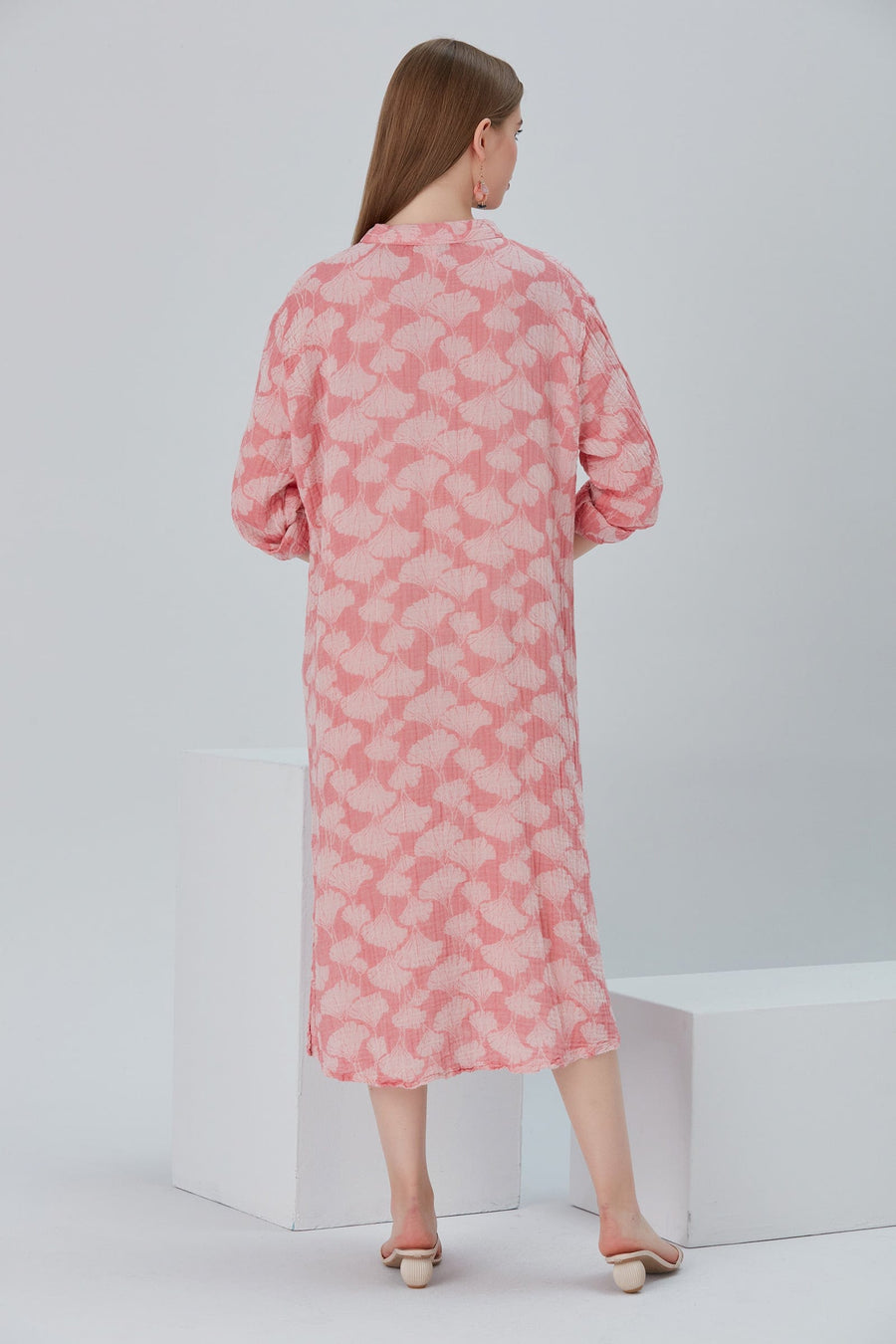 Begonville Maxi Elbise Essentials Düğmeli Rahat Kesim Uzun Elbise - Pembe