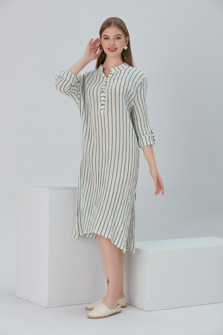 Begonville Maxi Elbise Essentials Düğmeli Rahat Kesim Uzun Elbise - Yeşil Çizgili