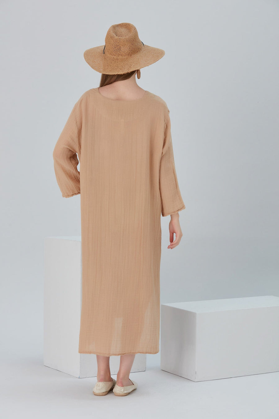 Begonville Maxi Elbise Essentials V Yaka Rahat Uzun Elbise - Bej