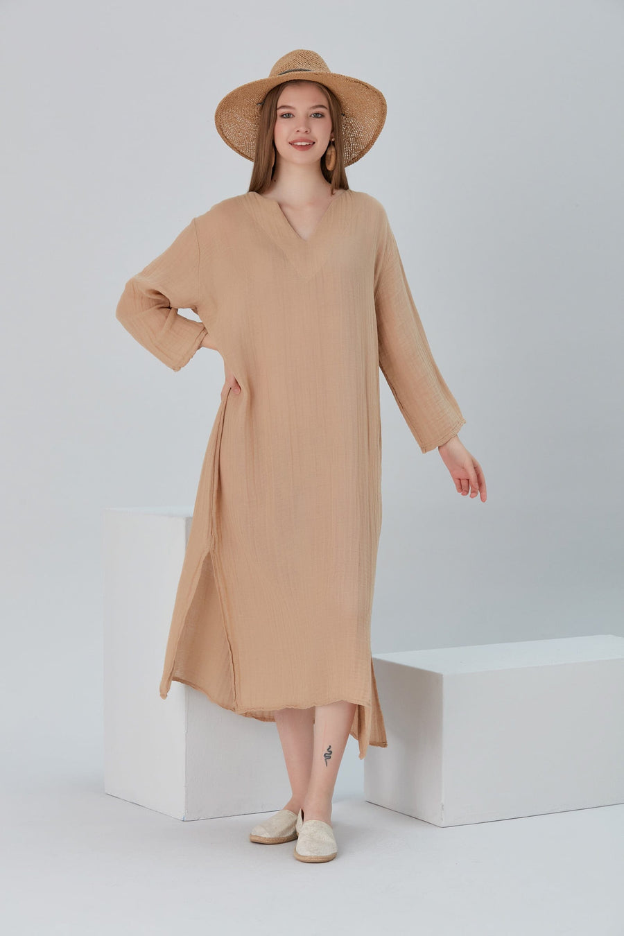 Begonville Maxi Elbise Essentials V Yaka Rahat Uzun Elbise - Bej