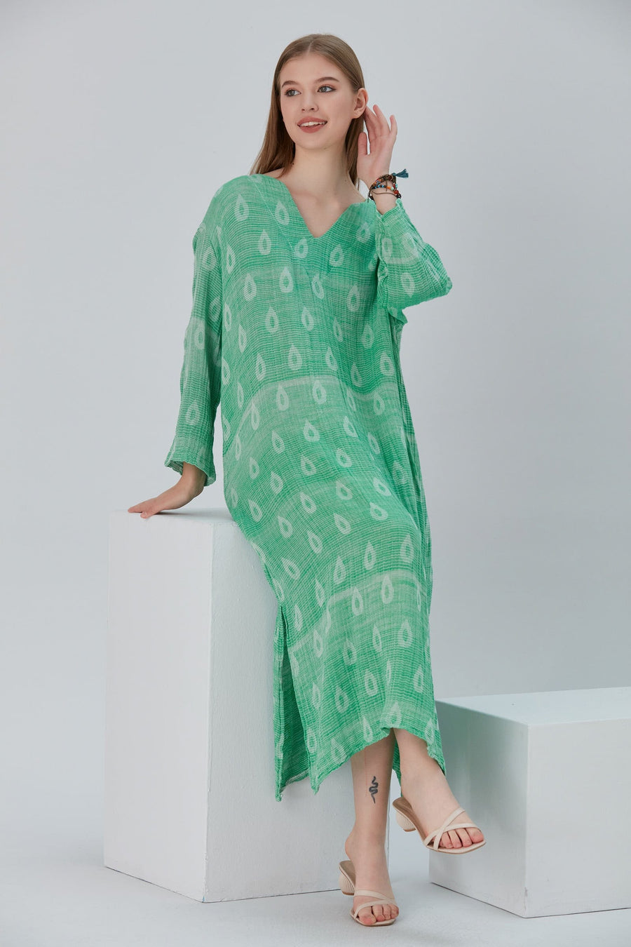 Begonville Maxi Elbise Essentials V Yaka Rahat Uzun Elbise - Yeşil