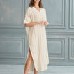 Begonville Maxi Elbise Renee V-Yakalı Keten Müslin Uzun Elbise - Beyaz Çizgili