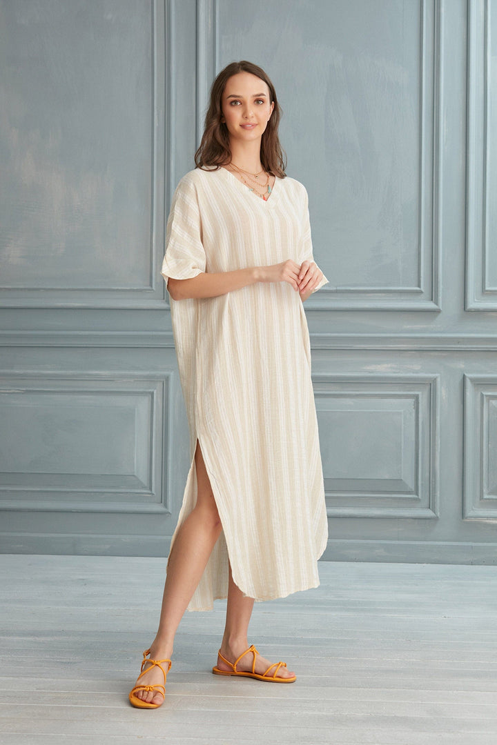 Begonville Maxi Elbise Renee V-Yakalı Keten Müslin Uzun Elbise - Beyaz Çizgili