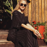 Begonville Maxi Elbise Renee V-Yakalı Pamuk Müslin Uzun Elbise - Siyah Gümüş